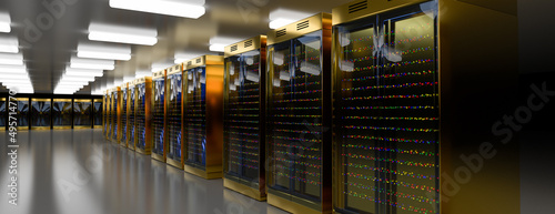 Servers. Servers room data center. Backup, mining, hosting, mainframe, farm and computer rack with storage information. 3d rendering