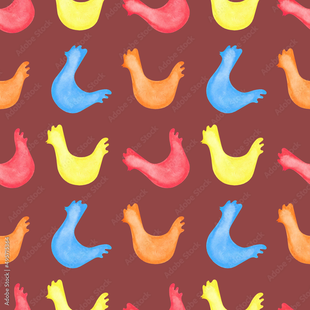 Watercolor seamless pattern of chickens. Spring Easter symbol. Rustic farm bird. Cute chicken. Hand drawn illustration on red background.