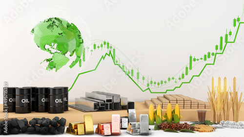 The world of commodity trading such as coal tar, gold, cotton, corn, sugar, soybeans, and iron on white background ,3d rendering