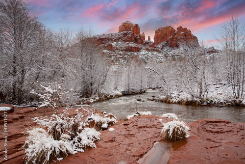 Oak creek flowing through the red rock country near Sedona, Arizona after a light snow.