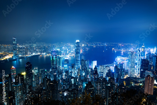 Photography Aerial view of Hong Kong cityscape at night