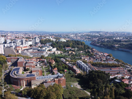 Aerial view of the Foz Arrabida Bridge River. The Campus University. Portugal photo
