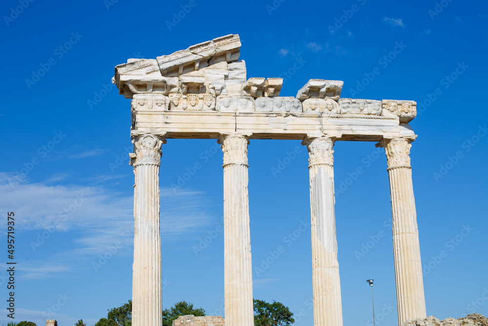 Temple of Apollo in the ancient city in Side, Turkey. Ruins of a Roman city. Temple of Apollo in the ancient city in Side, Turkey. Ruins of a Roman city.