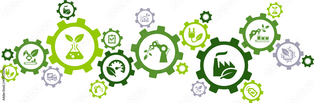 Sustainable production vector illustration. Green concept with icons related to eco-friendly manufacturing, clean / environmentally friendly factory or assembly, zero emission / pollution. Sustainable production vector illustration. Green concept with icons related to eco-friendly manufacturing, clean / environmentally friendly factory or assembly, zero emission / pollution.