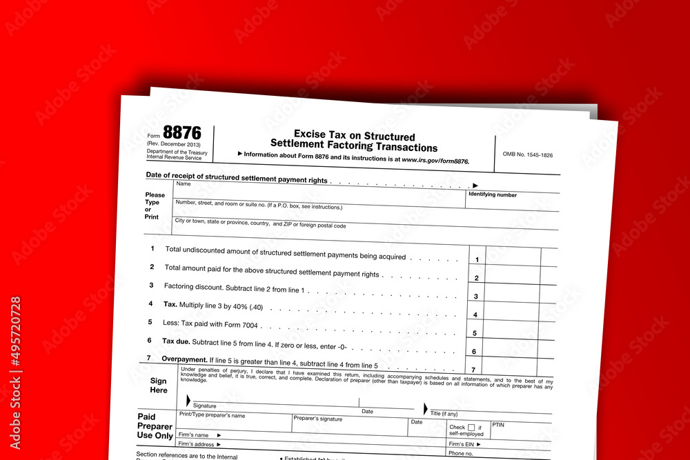 Fototapeta premium Form 8876 documentation published IRS USA 01.22.2014. American tax document on colored