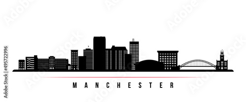Manchester skyline horizontal banner. Black and white silhouette of Manchester, New Hampshire. Vector template for your design.