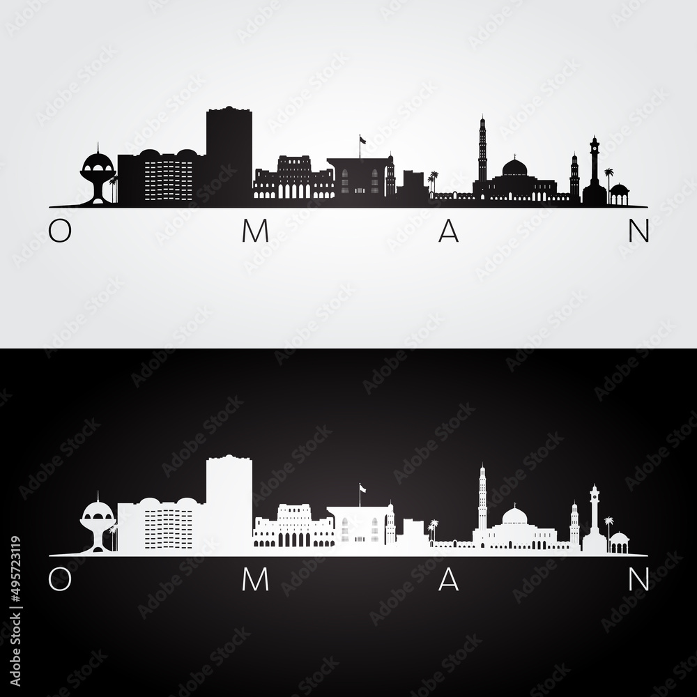Oman skyline and landmarks silhouette, black and white design, vector illustration.