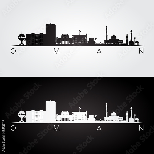Oman skyline and landmarks silhouette, black and white design, vector illustration.
