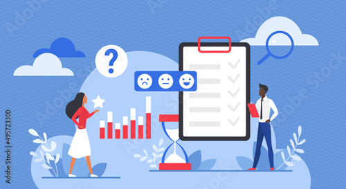 Online survey service to research answers vector illustration. Cartoon people work with check list on clipboard, emoticons and rating star. Questionnaire form, test, digital marketing concept
