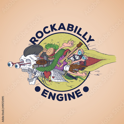 Retro emblem of rockabilly rocket doodles