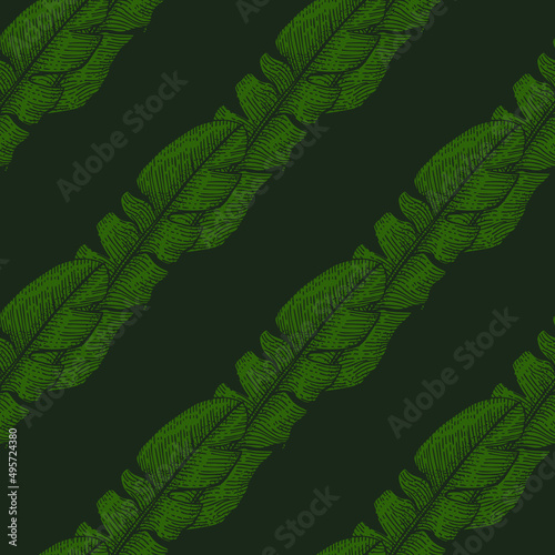 Banana leaves seamless pattern.Vintage tropical branch in engraving style.