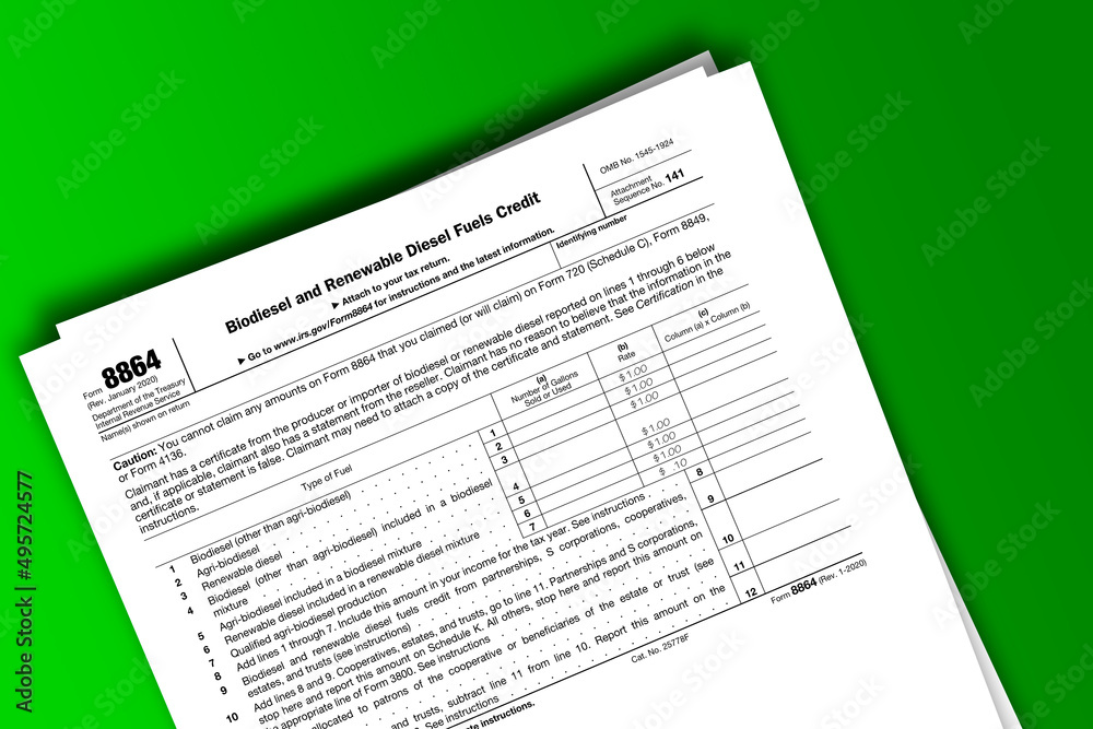 Form 8864 documentation published IRS USA 01.17.2020. American tax document on colored Form 8864 documentation published IRS USA 01.17.2020. American tax document on colored