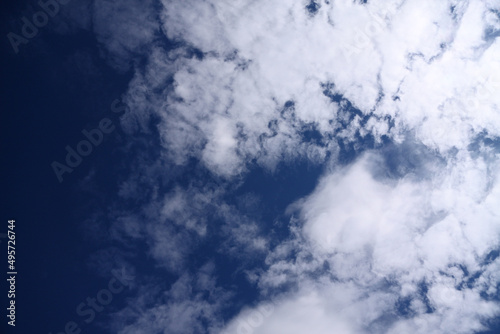 Bright white cumulus clouds in a deep blue sky