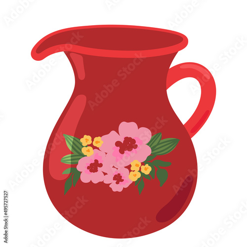 Cute red ceramic milk jug design element flat cartoon illustration. Capacity for drink. Colored tableware hand drawn vector design. Kitchen trendy crockery for hot drink isolated on white background