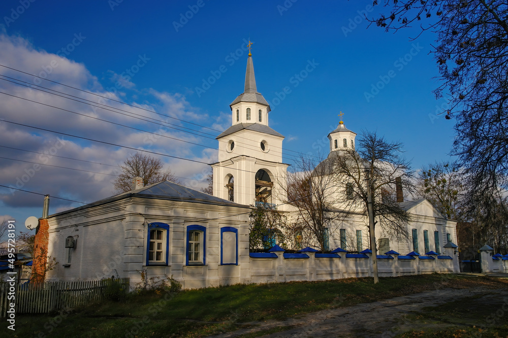Scenic view of histirical white Annunciation Church in Trostyanets,, Sumy region, Ukraine