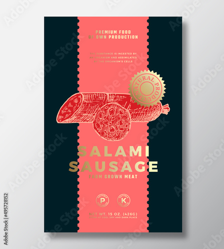 Farm Grown Meat Abstract Vector Packaging Label Design Template. Modern Typography Banner, Hand Drawn Salami Sausages Sketch Silhouette. Color Paper Background Layout with Gold Foil Isolated
