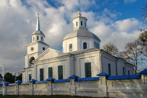 Scenic view of histirical white Annunciation Church in Trostyanets,, Sumy region, Ukraine photo