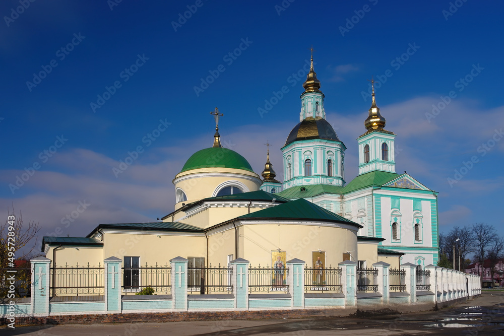 Scenic view of Nativity Church and Pokrovsky Cathedral in Okhtyrka, Ukraine