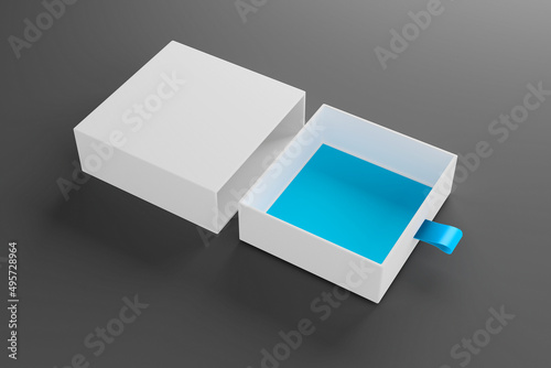 Cardboard Sliding Drawer Box with Ribbon Pull On grey background - 3D Illustration