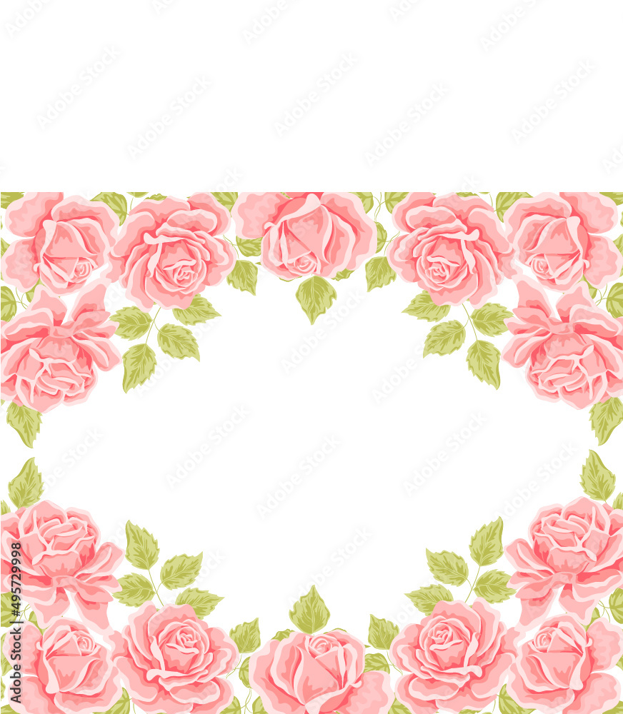 Flower pink rose, green leaves. Floral poster, invite, mother's day greeting card. Vector background