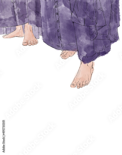 Ilustración sobre la Semana Santa en Sevilla, pies de nazarenos descalzos con túnica morada sobre fondo blanco. Diseño para cartelería o publicaciones en redes sociales. photo