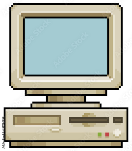 Pixel art old computer vector icon for 8bit game on white background