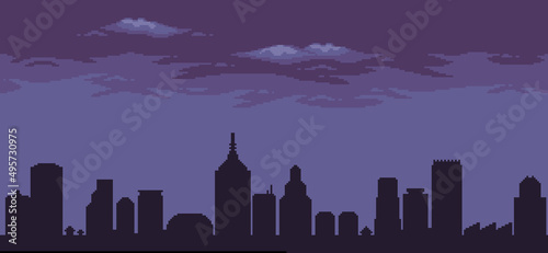 Pixel art minimalist city background with buildings and houses vector for 8bit game 
