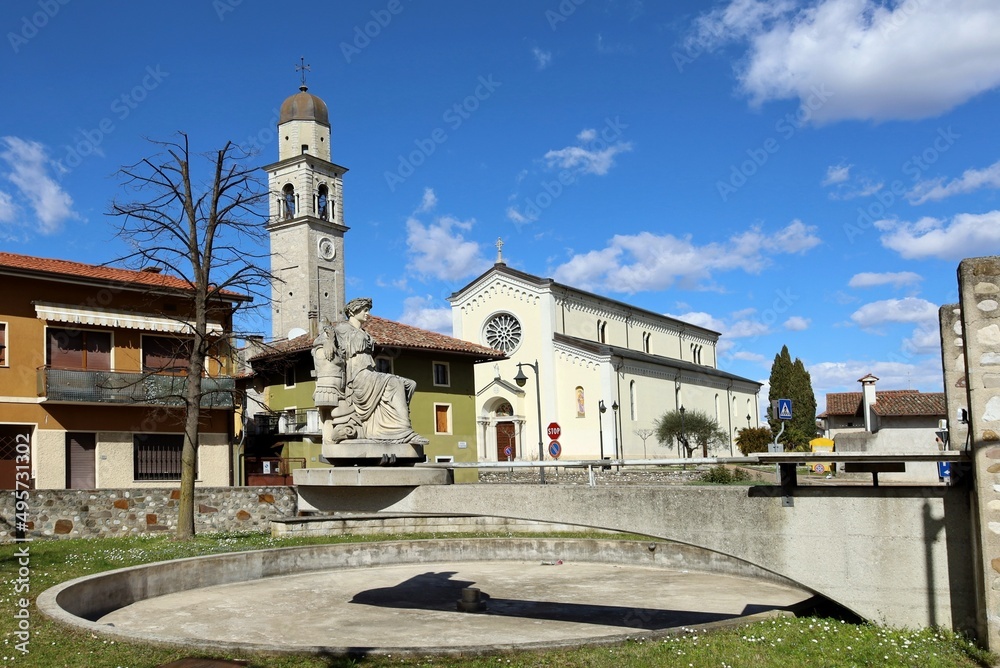 Main square of Campoformido, an Italian town in the Friuli region, with the peace statue in memory of the Treaty of Campo Formio, old name of the village.