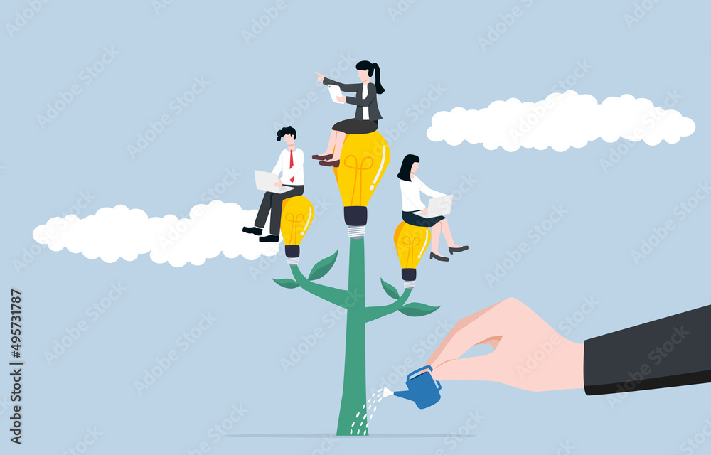 Growing mindset culture in workplace, developing creativity together in business team, cultivating corporate value concept. Employees sitting on same lightbulb tree while being watered by boss hand. - obrazy, fototapety, plakaty 