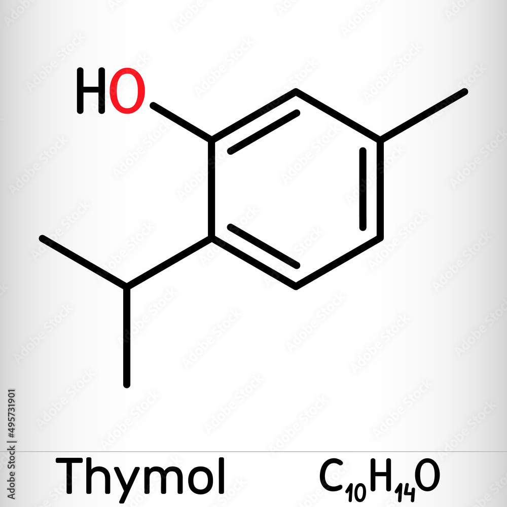 Thymol, IPMP molecule. It is phenol, natural monoterpene derivative of cymene. Obtained from thyme oil or other volatile oils. Skeletal chemical formula Thymol, IPMP molecule. It is phenol, natural monoterpene derivative of cymene. Obtained from thyme oil or other volatile oils. Skeletal chemical formula