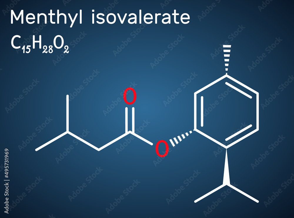 Menthyl isovalerate, validolum, validol molecule. It is drug, menthyl ester of isovaleric acid. Structural chemical formula on the dark blue background