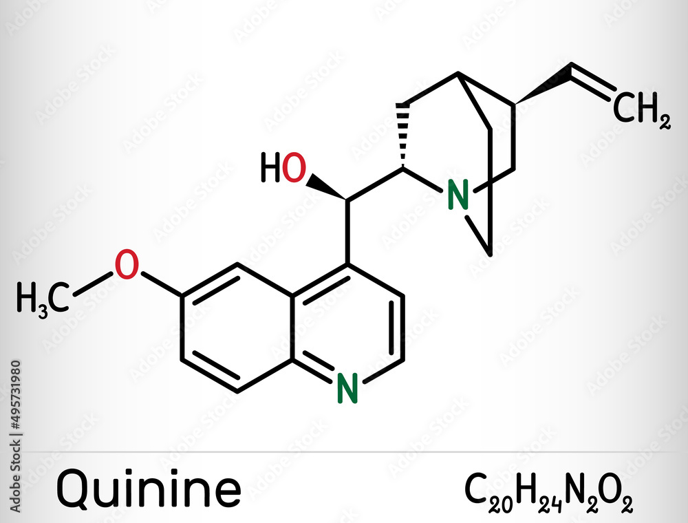 Quinine molecule. It is natural alkaloid derived from the bark of the cinchona tree, used to treat malaria and babesiosis. Skeletal chemical formula.
