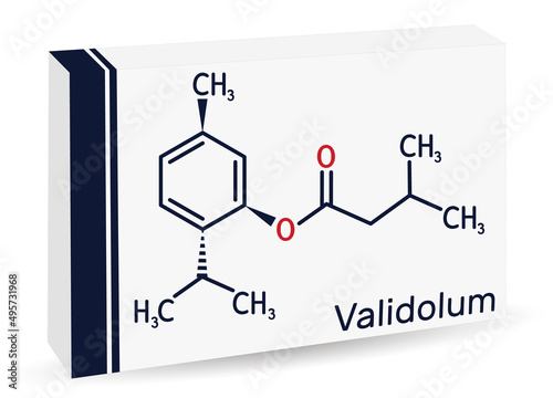 Menthyl isovalerate, validolum, validol molecule. It is drug, menthyl ester of isovaleric acid. Skeletal chemical formula. Paper packaging for drugs