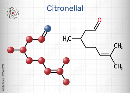 Citronellal, rhodinal molecule. It is monoterpenoid aldehyde, main component that give citronella oil its distinctive lemon scent. Structural chemical formula, molecule model. Sheet of paper in a cage