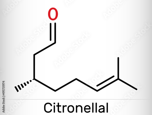 Citronellal, rhodinal molecule. It is monoterpenoid aldehyde, main component that give citronella oil its distinctive lemon scent. Skeletal chemical formula