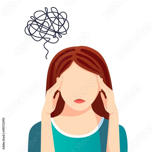 Anxiety, sad and depressed woman. Difficult life situation, headache, confusion. Females mood and health.