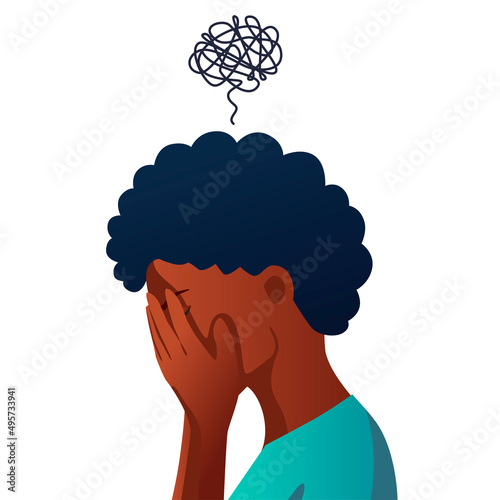 Anxiety, sad and depressed woman. Difficult life situation, headache, confusion. Females mood and health.