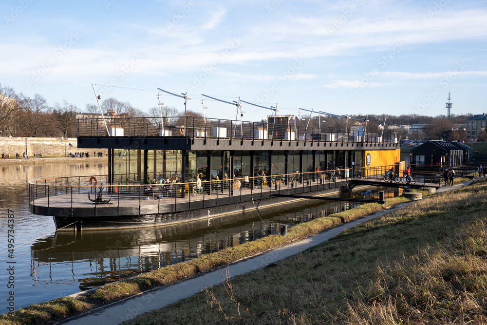 restaurant barge on Vistula river in Ludwinow district, Cracow, Poland