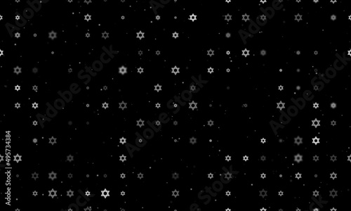Seamless background pattern of evenly spaced white star of David symbols of different sizes and opacity. Vector illustration on black background with stars