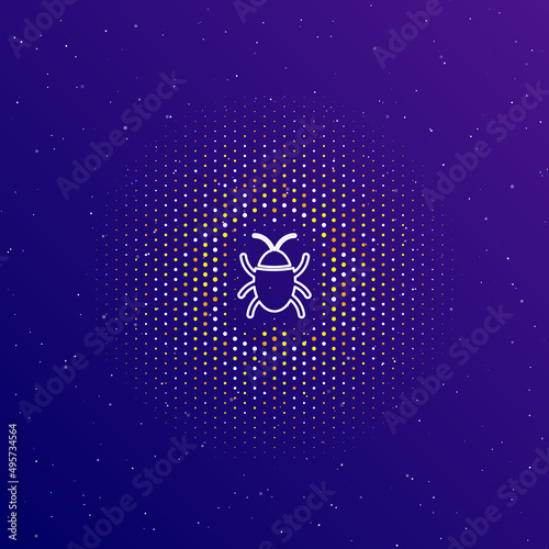 A large white contour bug symbol in the center, surrounded by small dots. Dots of different colors in the shape of a ball. Vector illustration on dark blue gradient background with stars