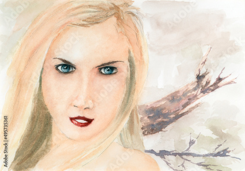 Fototapeta Naklejka Na Ścianę i Meble -  Young woman portrait. Watercolor on rough paper.