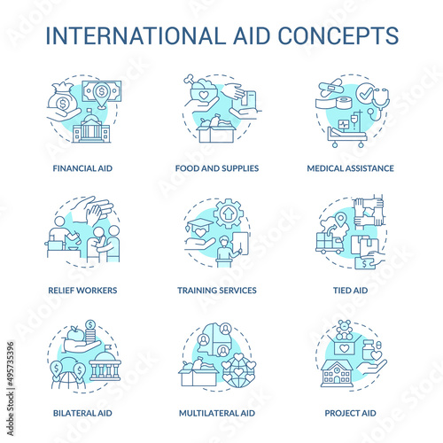 International aid turquoise concept icons set. Foreign volunteer opportunities idea thin line color illustrations. Isolated symbols. Editable stroke. Roboto-Medium, Myriad Pro-Bold fonts used