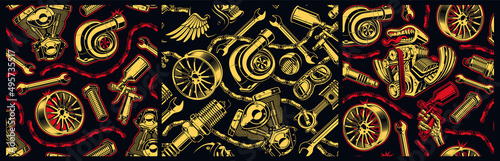 Set of auto parts seamless backgrounds.