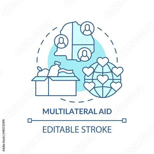Multilateral aid turquoise concept icon. Foreign aid abstract idea thin line illustration. Support from organisations. Isolated outline drawing. Editable stroke. Arial, Myriad Pro-Bold fonts used