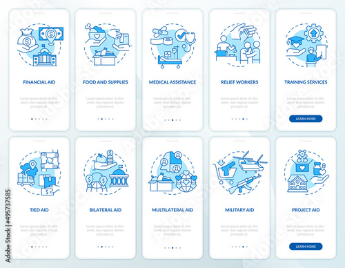 Foreign humanitarian assistance blue onboarding mobile app screen set. Walkthrough 5 steps graphic instructions pages with linear concepts. UI, UX, GUI template. Myriad Pro-Bold, Regular fonts used