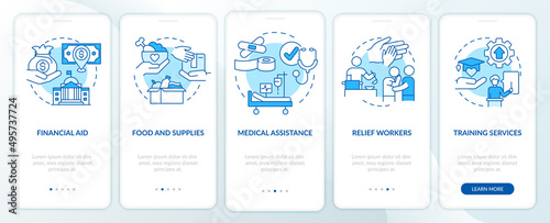 Countries providing different aid blue onboarding mobile app screen. Walkthrough 5 steps graphic instructions pages with linear concepts. UI, UX, GUI template. Myriad Pro-Bold, Regular fonts used