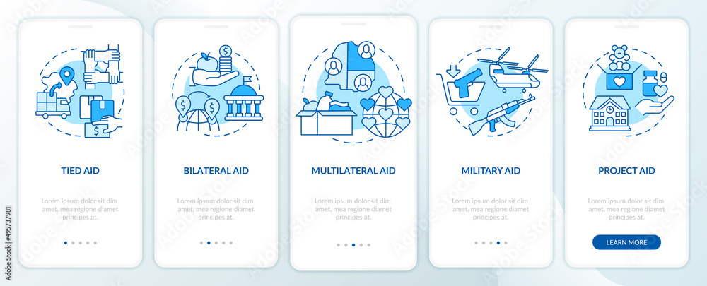 Types of foreign aid blue onboarding mobile app screen. Project aid walkthrough 5 steps graphic instructions pages with linear concepts. UI, UX, GUI template. Myriad Pro-Bold, Regular fonts used
