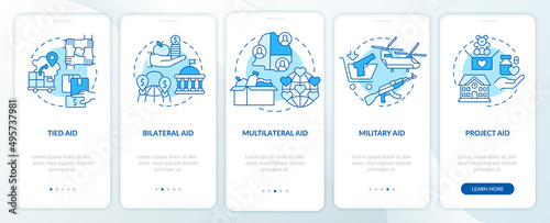 Types of foreign aid blue onboarding mobile app screen. Project aid walkthrough 5 steps graphic instructions pages with linear concepts. UI  UX  GUI template. Myriad Pro-Bold  Regular fonts used