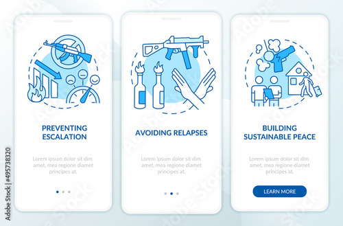 Post conflict stabilization blue onboarding mobile app screen. Walkthrough 3 steps graphic instructions pages with linear concepts. UI, UX, GUI template. Myriad Pro-Bold, Regular fonts used