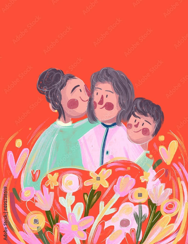 Día de la madre, ilustración de amor con fondo rojo y flores, plantas, corazones y familia unida